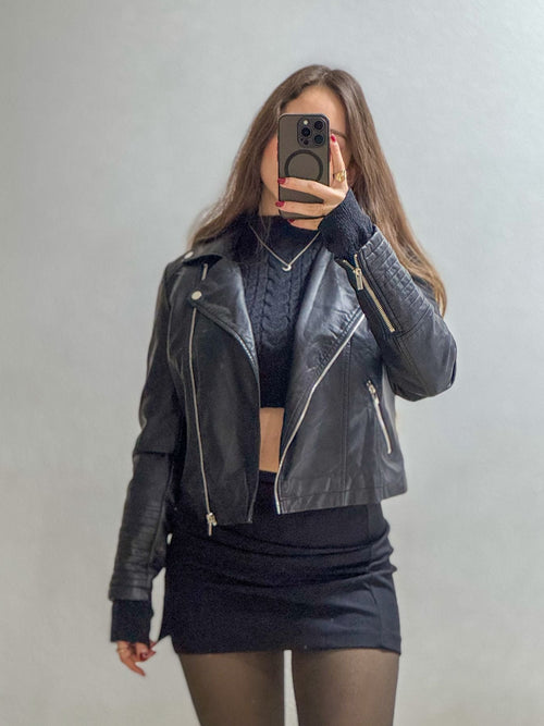 Chaqueta Biker Negra Efecto Piel