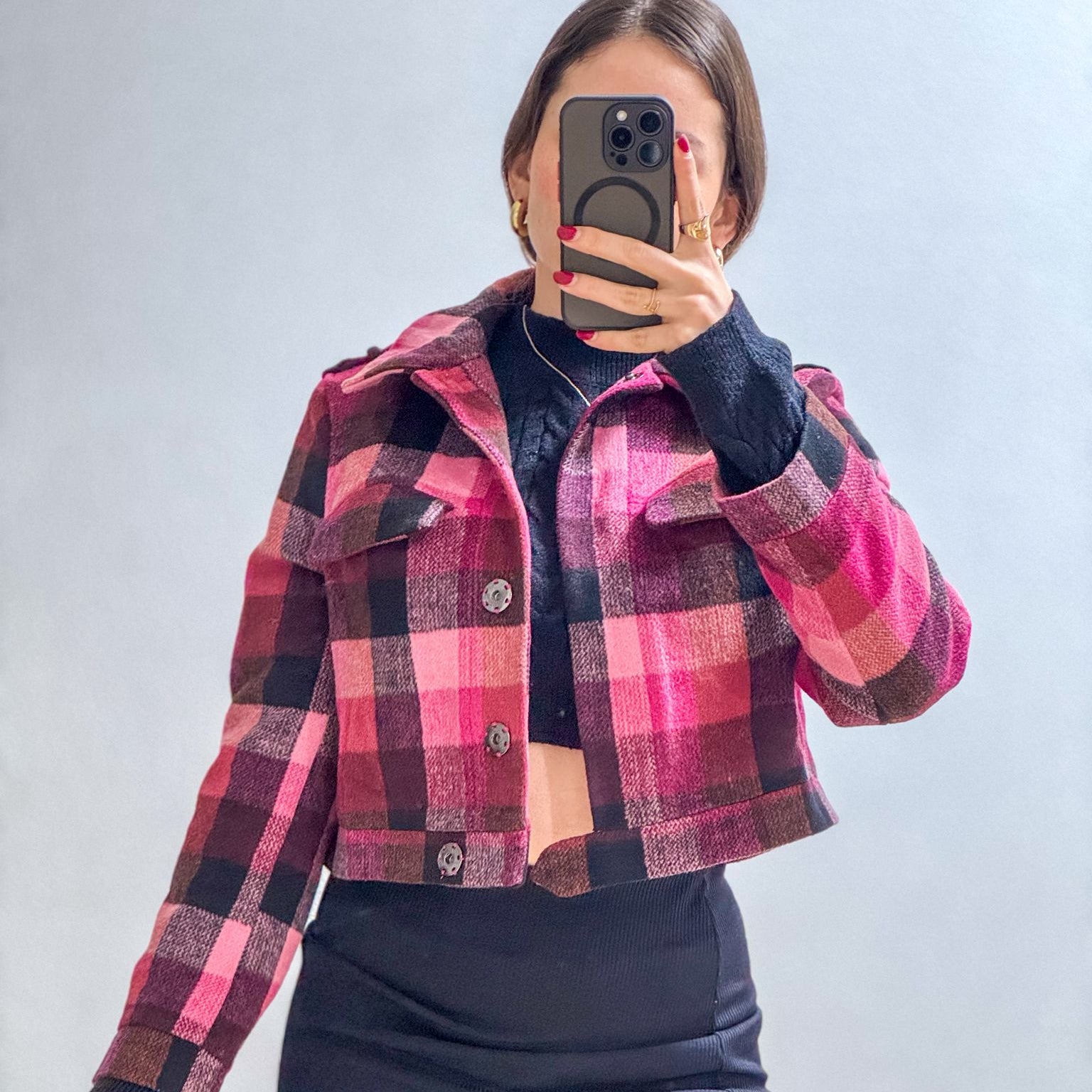 Chaqueta Cropped Cuadros Rosa